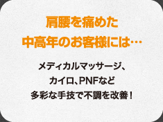 肩腰を痛めた中高年のお客様には…メディカルマッサージ、カイロ、PNFなど多彩な手技で不調を改善！